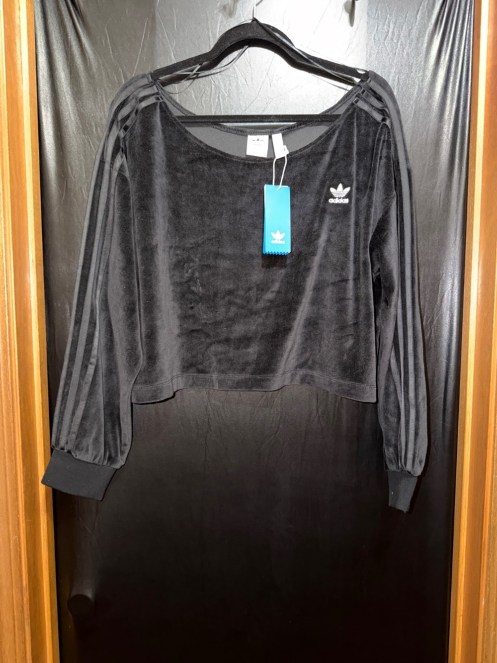 adidas Black Velour Cropped off shoulder Sweatshirt with Three Stripes